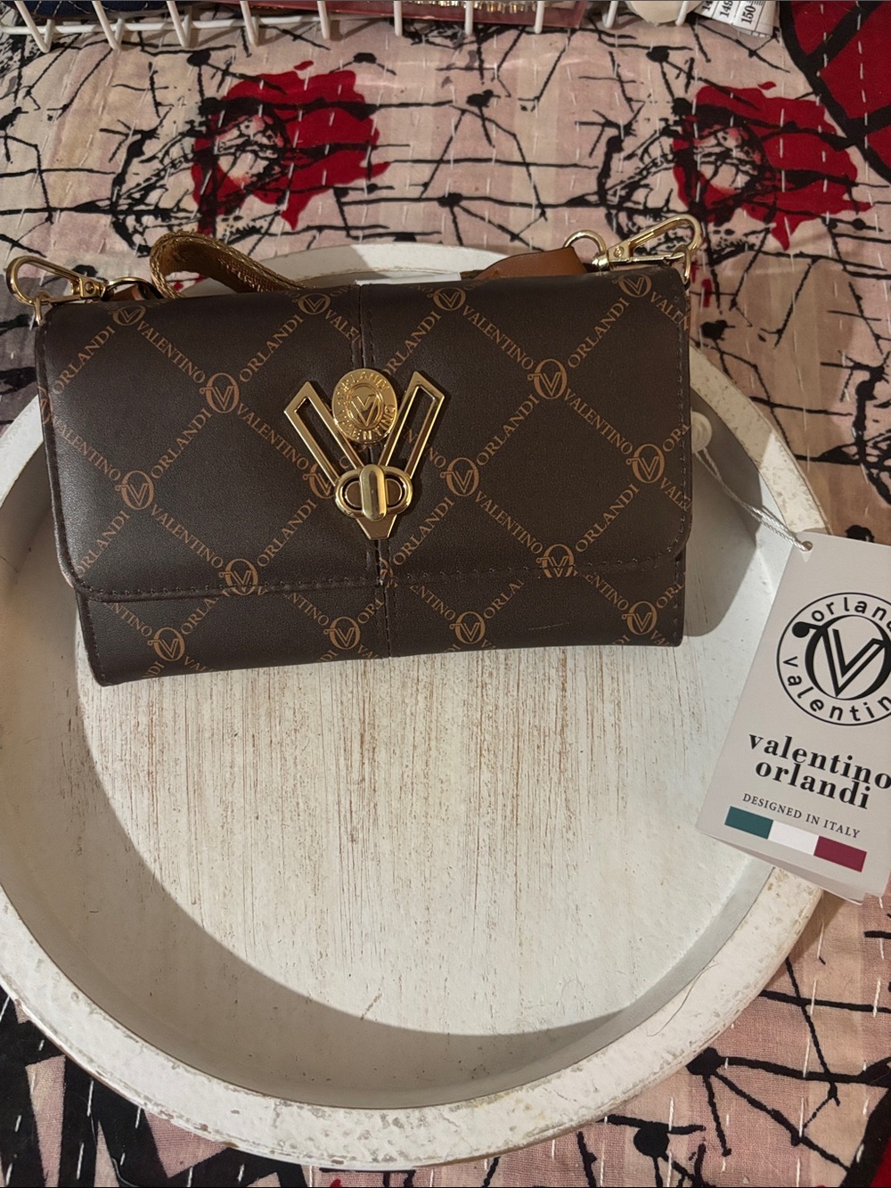Valentino Orlandi Brown Logo Crossbody with Gold Accent